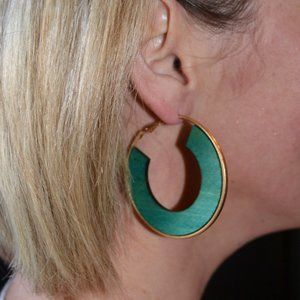 Gold & Teal Wood Accent Hoop Earrings